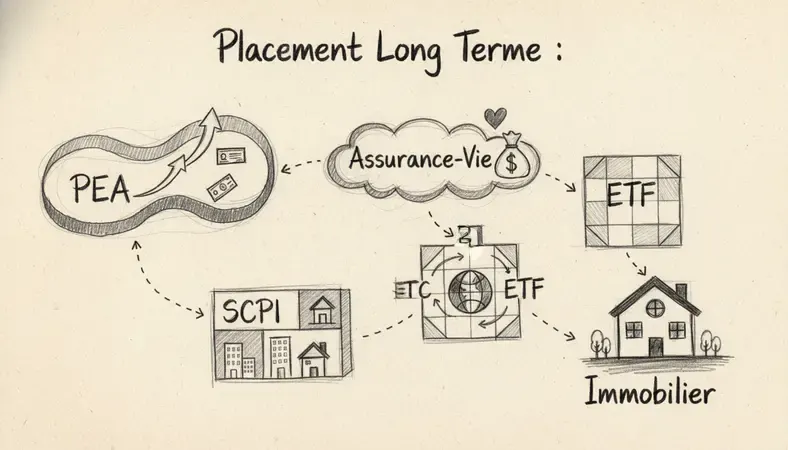 Schéma illustrant les différents types de placements long terme : PEA, assurance-vie, SCPI, ETF et immobilier