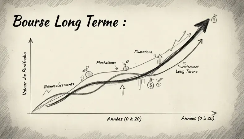 Graphique montrant la croissance d'un portefeuille boursier sur 20 ans avec des courbes ascendantes représentant l'investissement bourse long terme