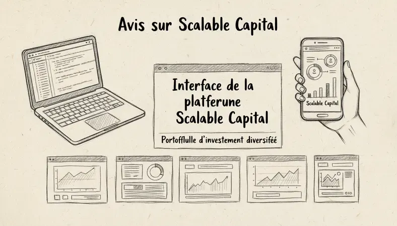Interface de la plateforme Scalable Capital sur ordinateur et smartphone, montrant un portefeuille d'investissement diversifié