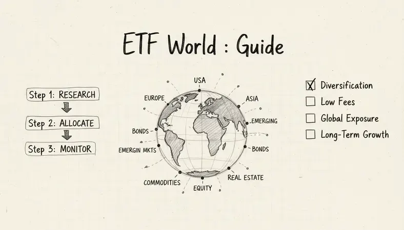 Graphique montrant la diversification mondiale d'un ETF World avec des points représentant différents pays et marchés financiers