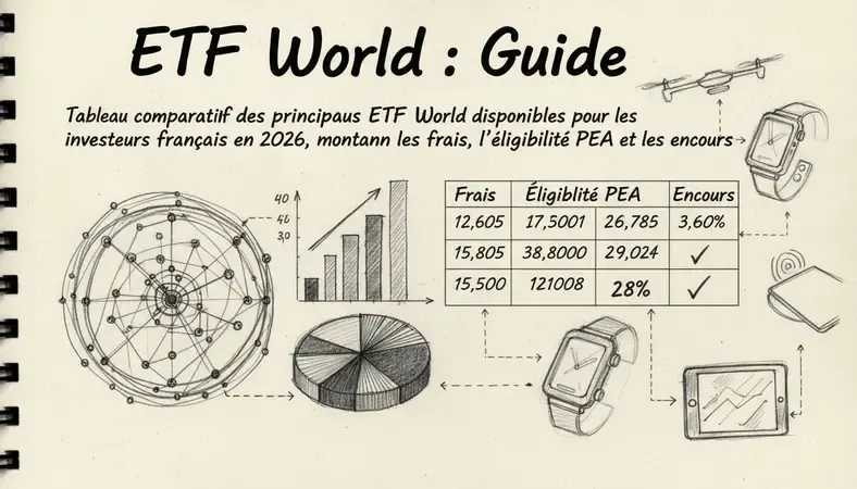 Tableau comparatif des principaux ETF World disponibles pour les investisseurs français en 2026, montrant les frais, l'éligibilité PEA et les encours