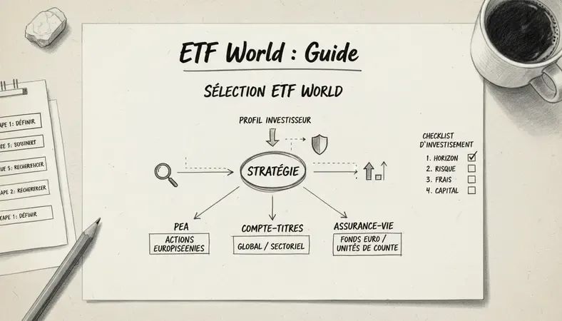 Diagramme illustrant les étapes pour sélectionner un ETF World selon son profil d'investisseur, avec des branches pour PEA, compte-titres et assurance-vie