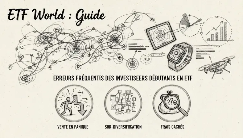 Illustration des erreurs les plus fréquentes des investisseurs débutants en ETF, avec des pictogrammes représentant la vente en panique, la sur-diversification et les frais cachés