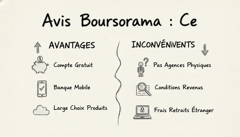 Infographie résumant les avantages et inconvénients de Boursorama Banque