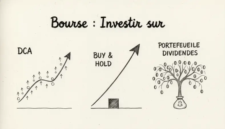 Schéma comparant différentes stratégies d'investissement long terme : DCA, buy and hold, portefeuille dividendes