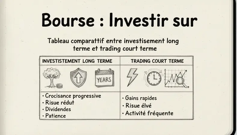 Tableau comparatif entre investissement long terme et trading court terme en bourse