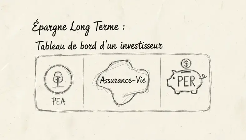 Tableau de bord d'un investisseur montrant différents types de placements long terme : PEA, assurance-vie, PER