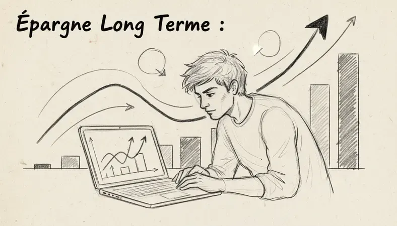 Investisseur consultant son plan d'épargne long terme sur ordinateur portable, graphiques de croissance en arrière-plan