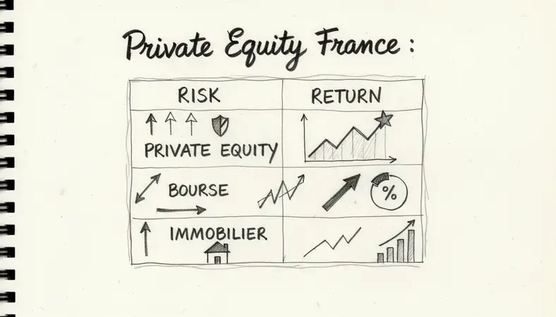Tableau comparatif illustrant les différences entre private equity, bourse et immobilier en termes de risque et rendement
