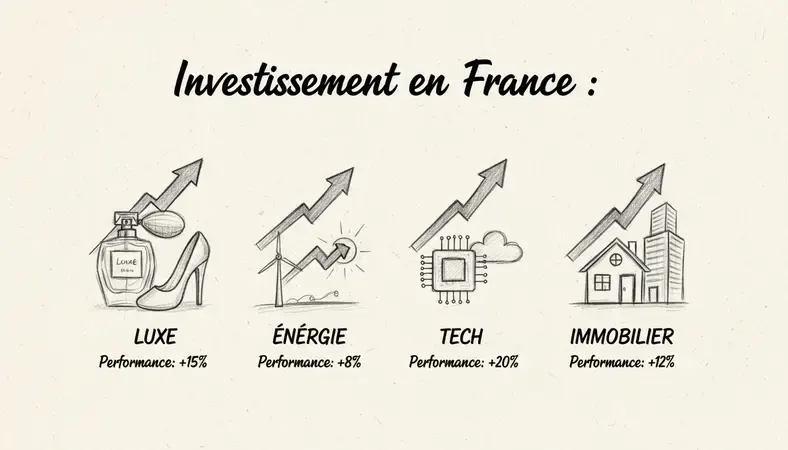 Infographie montrant les principaux secteurs d'investissement en France : luxe, énergie, tech et immobilier avec leurs performances respectives