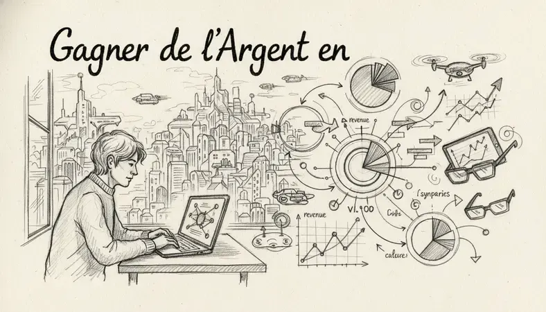 Personne travaillant sur un ordinateur portable depuis chez elle, avec des graphiques de revenus en arrière-plan