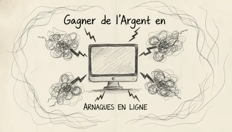 Illustration d'un écran d'ordinateur avec des signaux d'alerte rouge symbolisant les arnaques en ligne