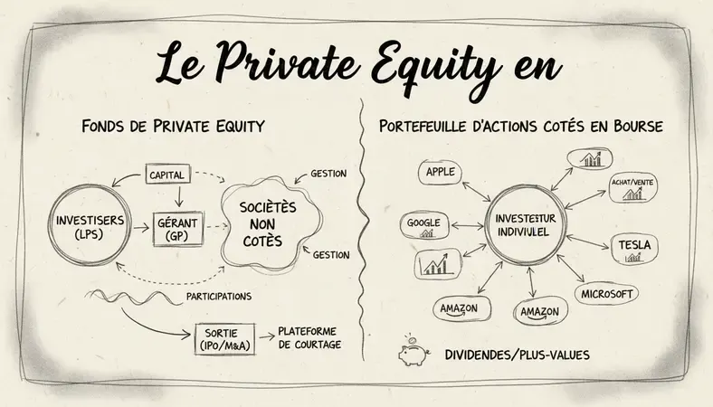 Schéma comparant la structure d'un fonds de private equity et d'un portefeuille d'actions cotées en bourse