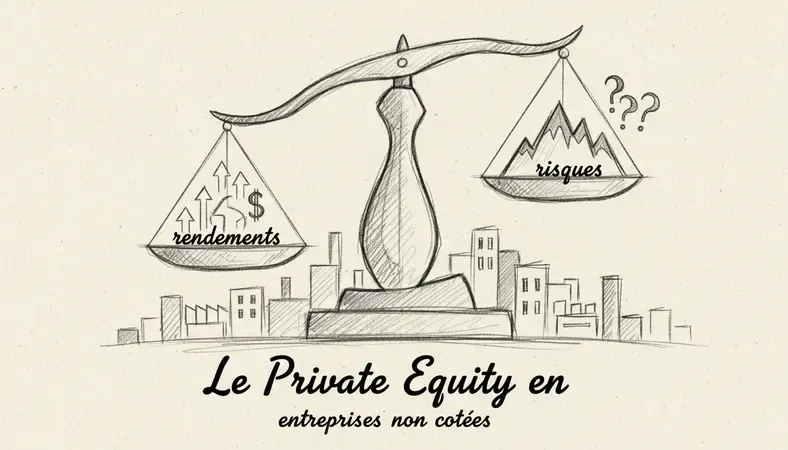 Illustration d'une balance représentant les risques et les rendements du private equity, avec des entreprises non cotées en arrière-plan
