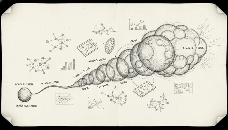 Illustration des intérêts composés sur 30 ans montrant l'effet boule de neige d'un investissement initial