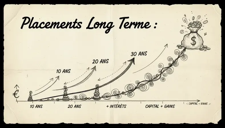 Schéma illustrant l'effet des intérêts composés sur un placement long terme sur 10, 20 et 30 ans