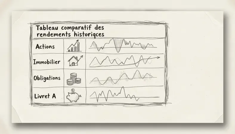 Tableau comparatif des rendements historiques des principaux placements long terme : actions, immobilier, obligations, livret A