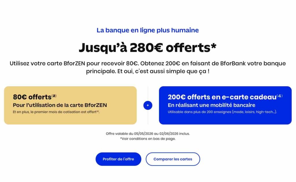 BforBank propose actuellement jusqu'à 230 € offerts à l'ouverture (selon conditions)