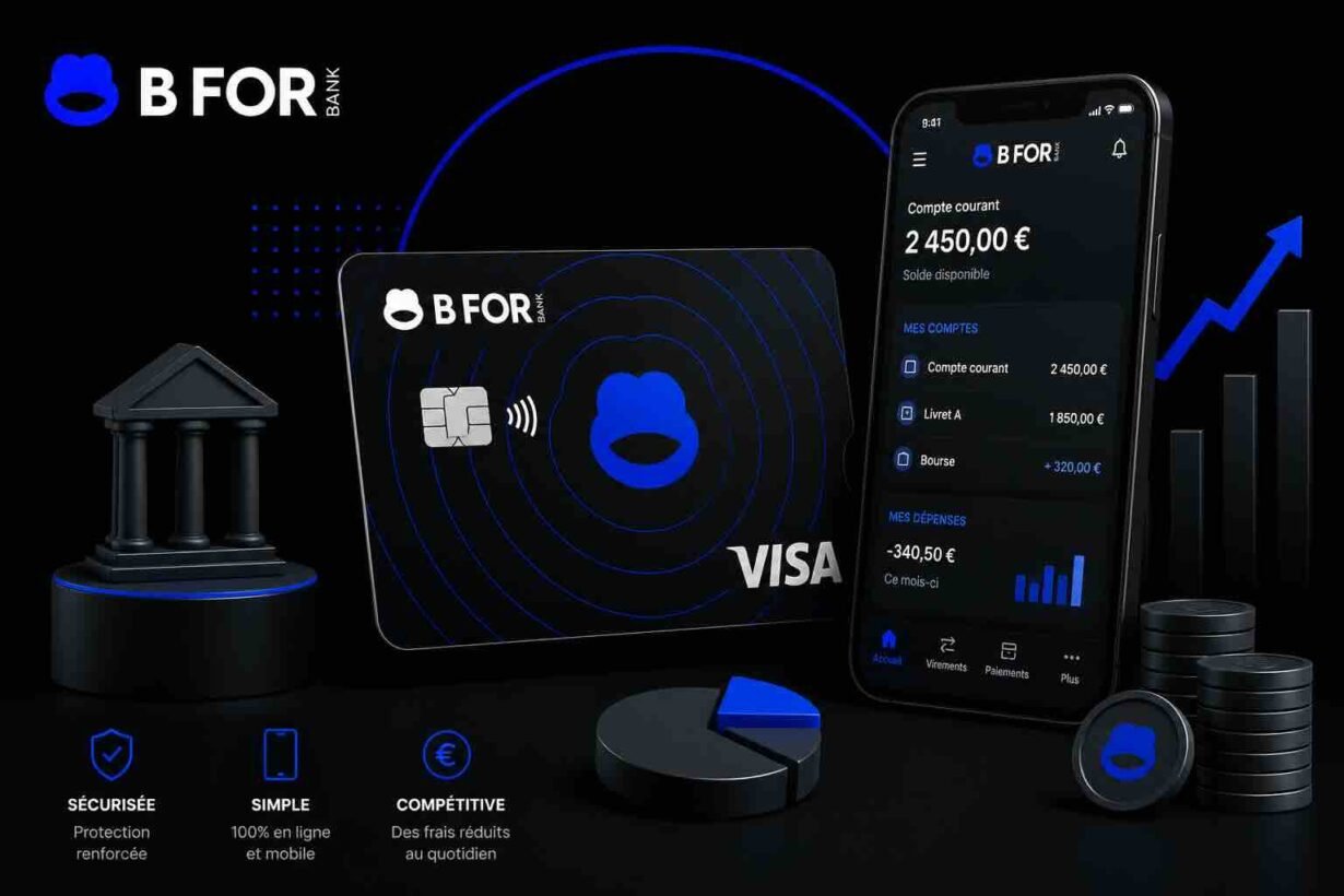 Black B FOR Bank card with blue logo beside a smartphone displaying the app's balance and accounts on a dark promotional banner, conveys digital banking