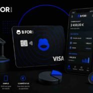 Black B FOR Bank card with blue logo beside a smartphone displaying the app's balance and accounts on a dark promotional banner, conveys digital banking