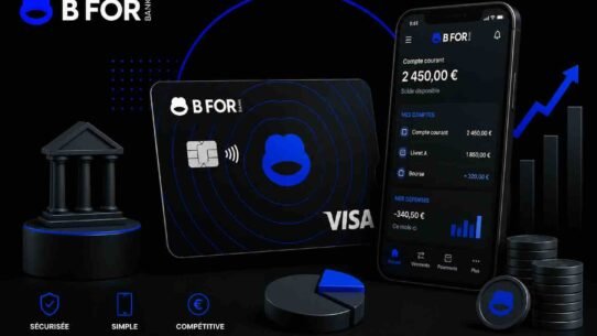 Black B FOR Bank card with blue logo beside a smartphone displaying the app's balance and accounts on a dark promotional banner, conveys digital banking