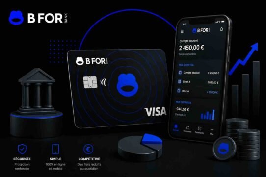 Black B FOR Bank card with blue logo beside a smartphone displaying the app's balance and accounts on a dark promotional banner, conveys digital banking