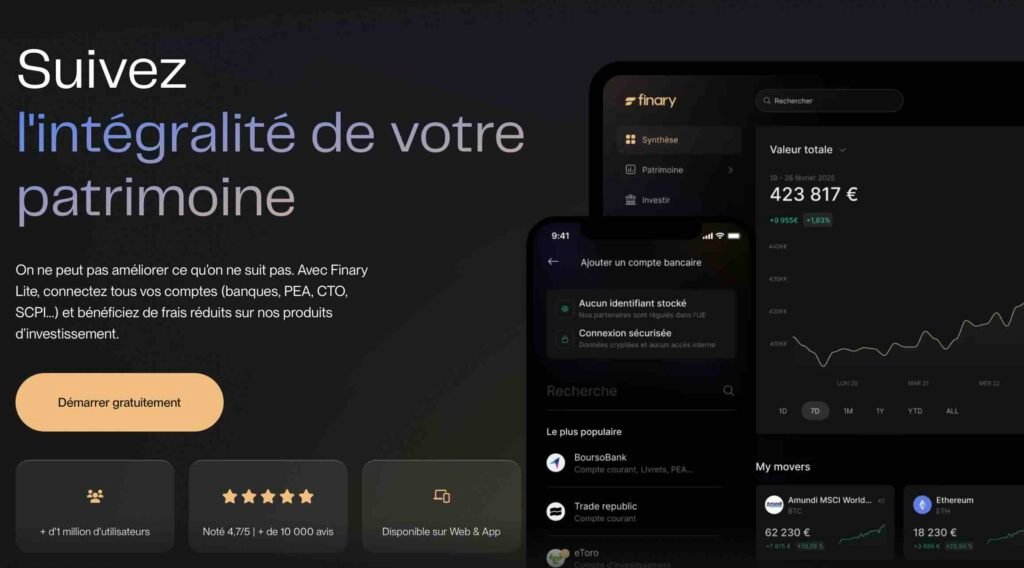 interface finary app pour gérer son argent - Le Nouvel Investisseur Banner promoting Finary Lite:'Suivez l'intégralité de votre patrimoine' on a dark gradient background with app screenshots on the right side.