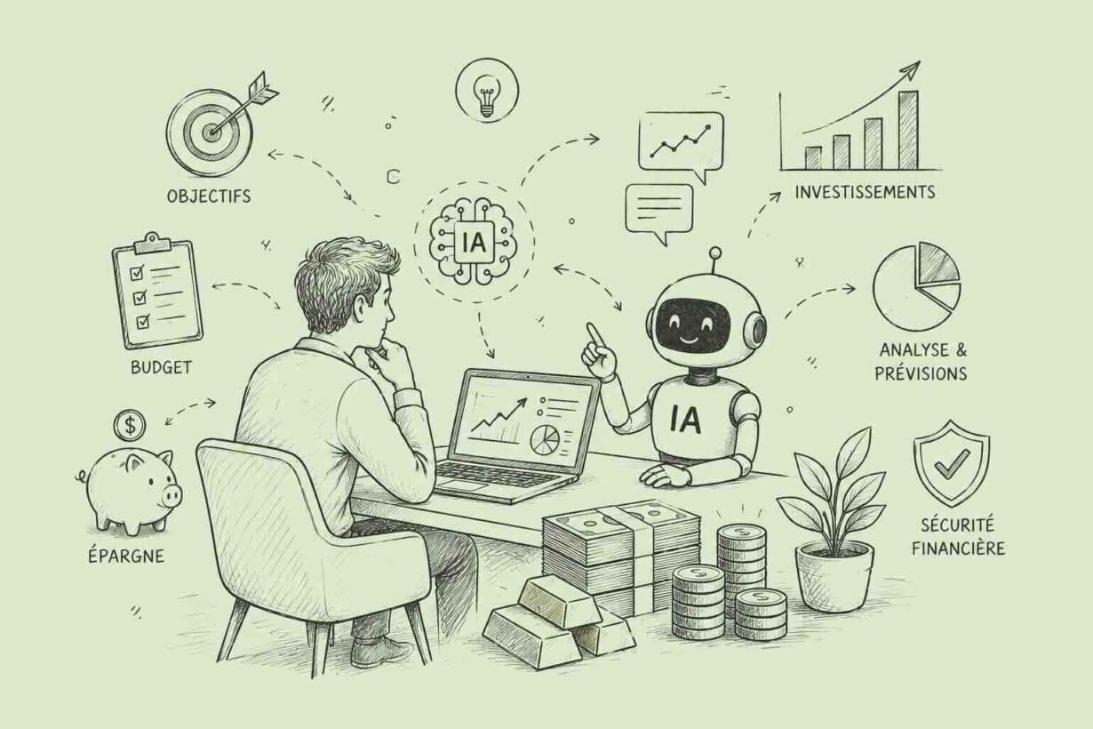 Man and a friendly AI robot discuss finances at a desk, with charts, money, and labeled French financial terms around them (objectifs, budget, épargne). It illustrates AI-assisted financial planning.