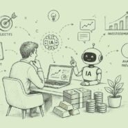 Man and a friendly AI robot discuss finances at a desk, with charts, money, and labeled French financial terms around them (objectifs, budget, épargne). It illustrates AI-assisted financial planning.