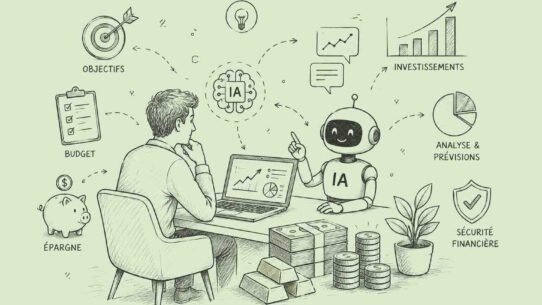 Man and a friendly AI robot discuss finances at a desk, with charts, money, and labeled French financial terms around them (objectifs, budget, épargne). It illustrates AI-assisted financial planning.