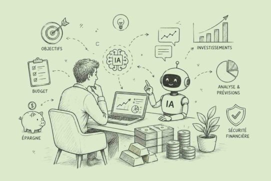 Man and a friendly AI robot discuss finances at a desk, with charts, money, and labeled French financial terms around them (objectifs, budget, épargne). It illustrates AI-assisted financial planning.