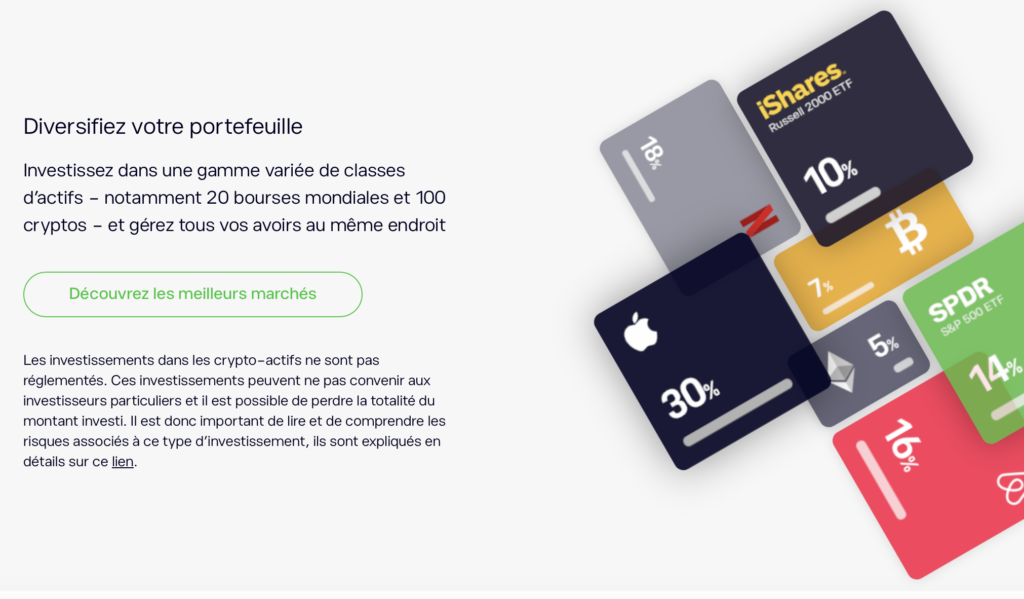 Diversifiez votre portefeuille: texte en français avec des cartes d’actifs cryptos colorées sur la droite.
