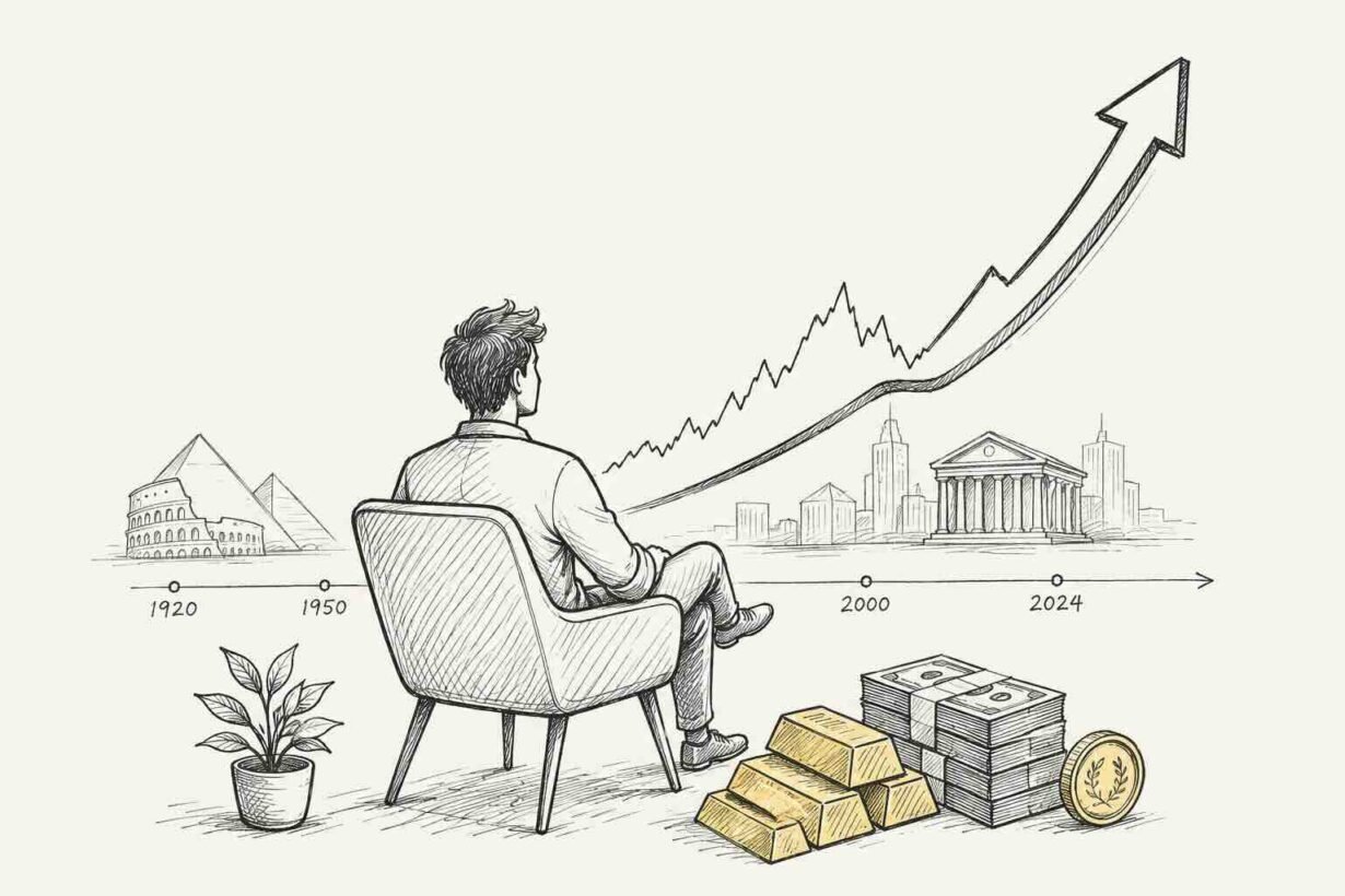 Person seated in a chair watching a rising financial chart along a 1920–2024 timeline, with pyramids, skyline, and stacks of gold bars and coins.