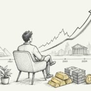 Person seated in a chair watching a rising financial chart along a 1920–2024 timeline, with pyramids, skyline, and stacks of gold bars and coins.