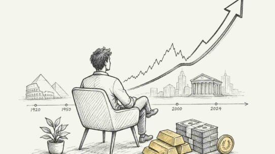 investir sur le long terme guide ultime.jpg - Le Nouvel Investisseur Person seated in a chair watching a rising financial chart along a 1920–2024 timeline, with pyramids, skyline, and stacks of gold bars and coins.