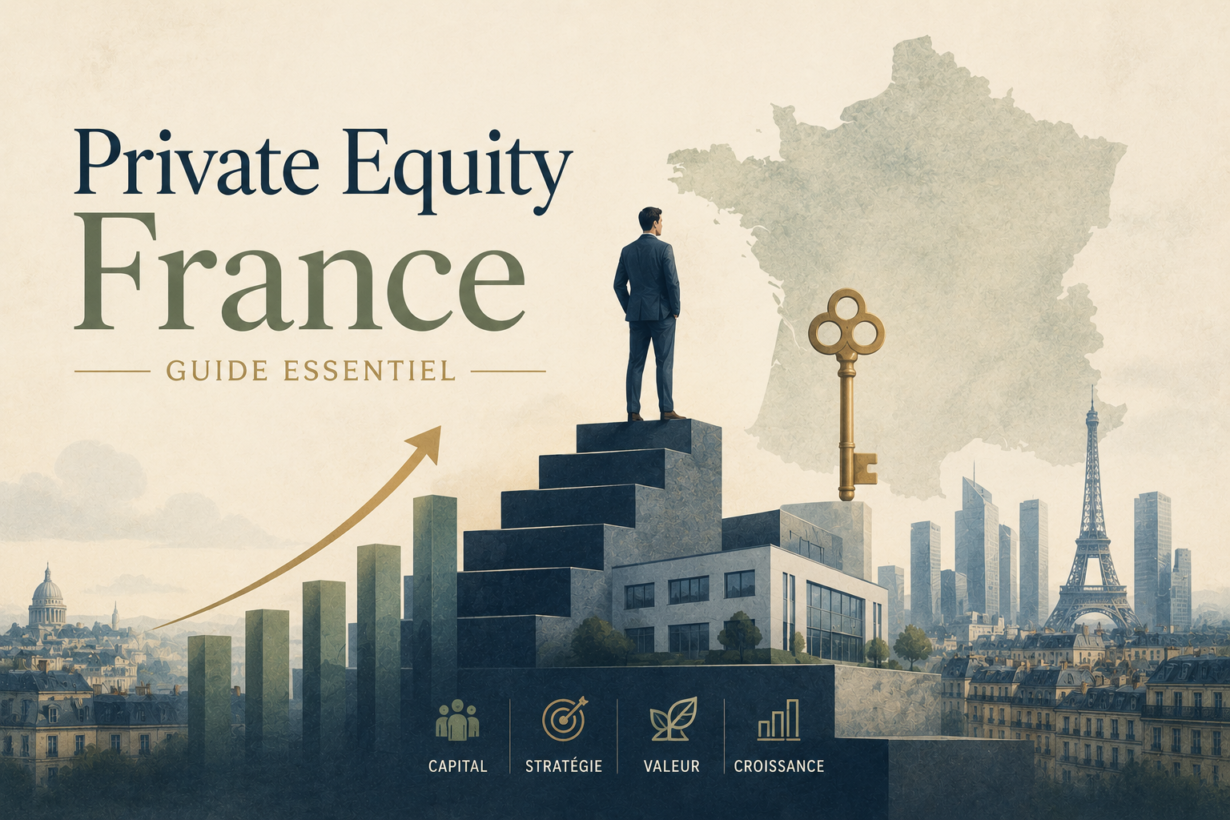 Businessman stands on steps before a map of France with a large key and rising bar chart, for a Private Equity France guide.