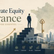 Businessman stands on steps before a map of France with a large key and rising bar chart, for a Private Equity France guide.