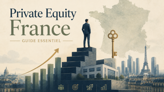 Businessman stands on steps before a map of France with a large key and rising bar chart, for a Private Equity France guide.