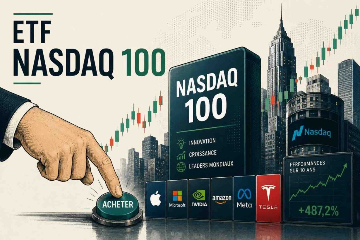Illustration of a hand pressing a big 'ACHETER' button with NASDAQ 100 branding and stock logos (Apple, Microsoft, Nvidia, Amazon, Meta, Tesla) in a financial cityscape.