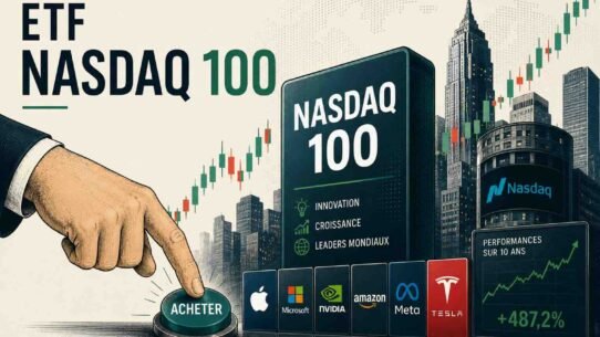 Illustration of a hand pressing a big 'ACHETER' button with NASDAQ 100 branding and stock logos (Apple, Microsoft, Nvidia, Amazon, Meta, Tesla) in a financial cityscape.