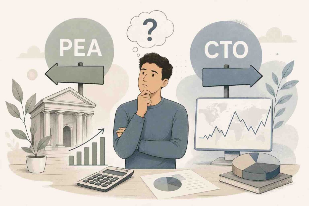 Man at a desk contemplates two options, PEA and CTO, with charts, calculator, and a computer nearby.