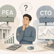 Man at a desk contemplates two options, PEA and CTO, with charts, calculator, and a computer nearby.
