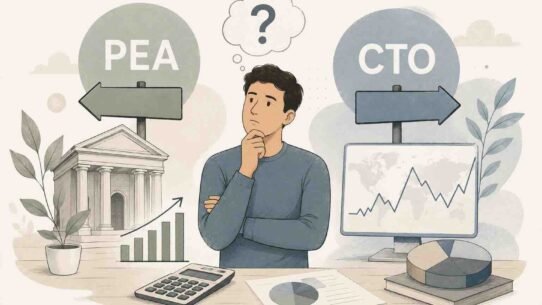 Man at a desk contemplates two options, PEA and CTO, with charts, calculator, and a computer nearby.