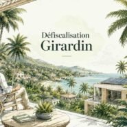 Man seated on a wooden deck overlooking a tropical coast with palm trees and hills, a coastal village below, and a modern building with solar panels; banner reads 'Défiscalisation Girardin'