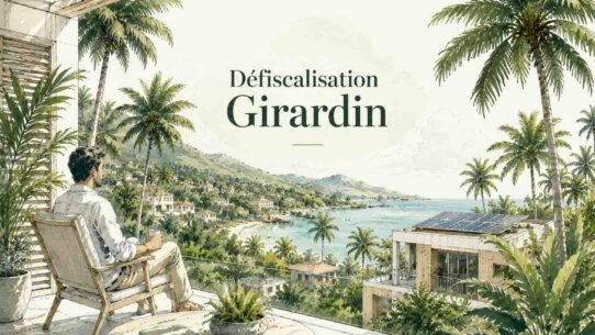 Man seated on a wooden deck overlooking a tropical coast with palm trees and hills, a coastal village below, and a modern building with solar panels; banner reads 'Défiscalisation Girardin'