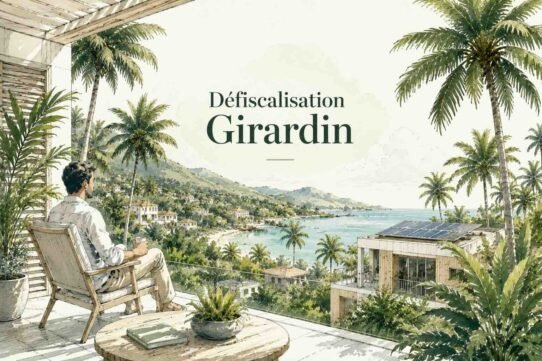Man seated on a wooden deck overlooking a tropical coast with palm trees and hills, a coastal village below, and a modern building with solar panels; banner reads 'Défiscalisation Girardin'