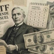 Collage of finance: an elderly man in a suit, dollar bills, stock charts, and Wall Street in the background.