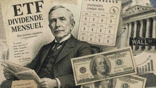 Collage of finance: an elderly man in a suit, dollar bills, stock charts, and Wall Street in the background.