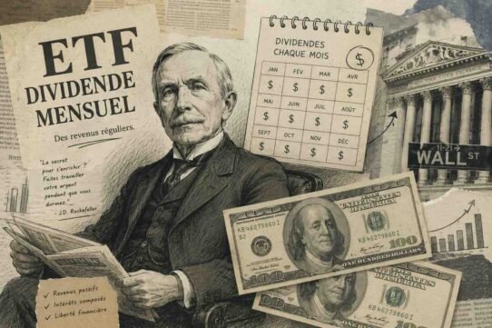 Collage of finance: an elderly man in a suit, dollar bills, stock charts, and Wall Street in the background.