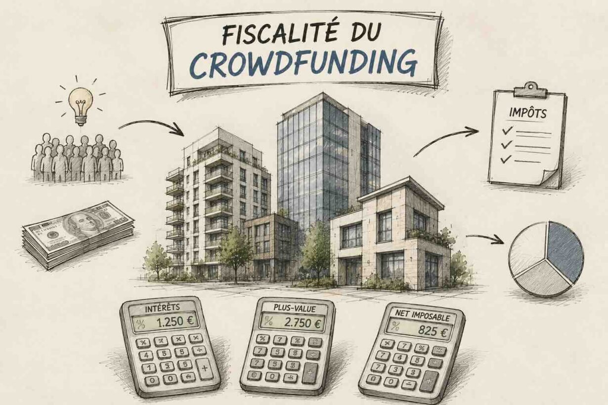 fiscalite du crowdfunding - Le Nouvel Investisseur Sketch titled 'Fiscalité du Crowdfunding' featuring a central building complex, investors with ideas, money, a taxes checklist, a pie chart, and calculators labeled intérêts, plus-value, and net imposable.